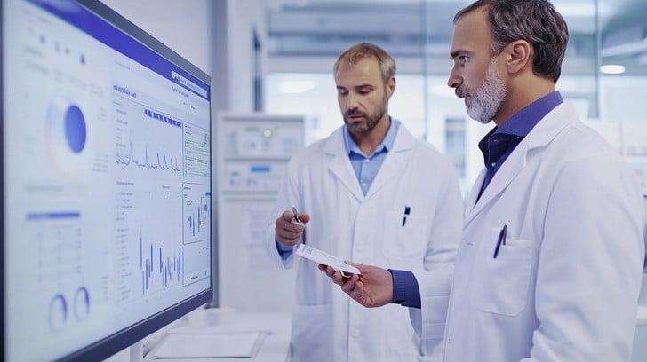 Researcher analyzing medical literature on a large monitor